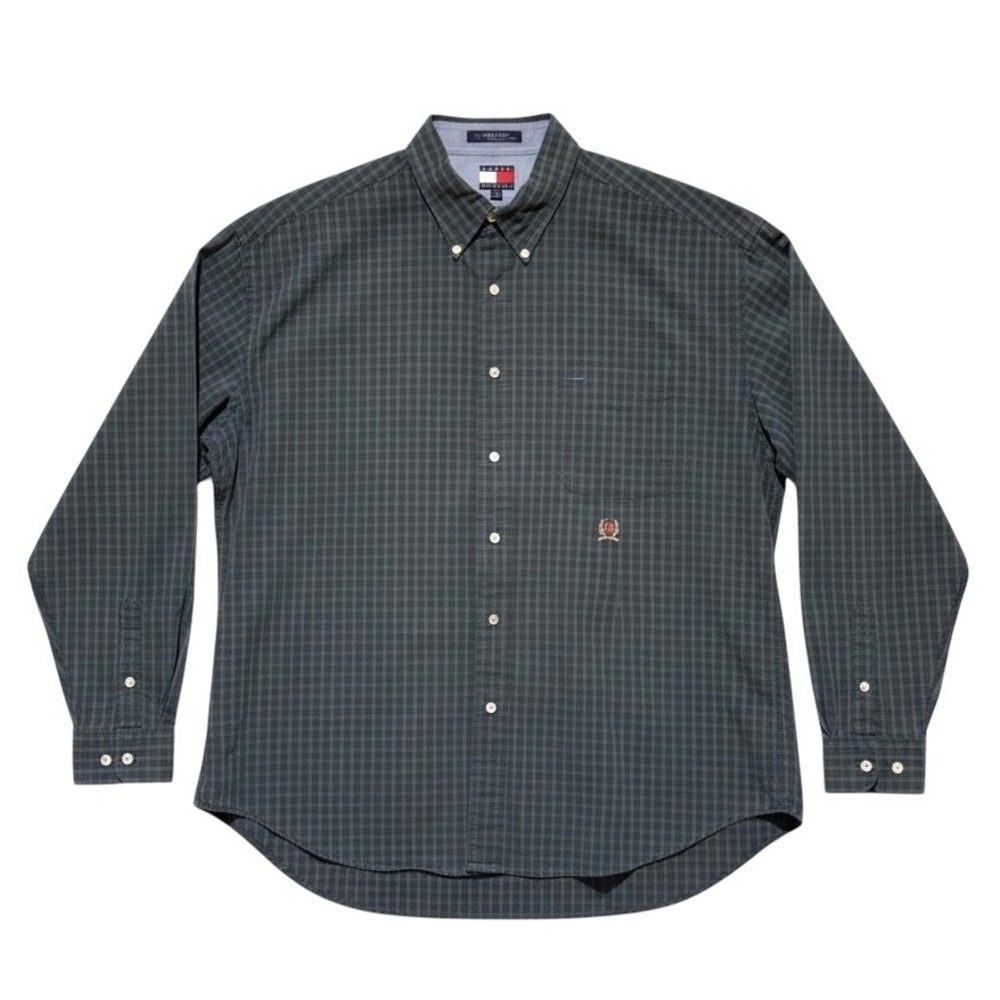 Tommy‎ Hilfiger Men XXL Black Watch Tartan Plaid Shirt Vintage Crest Logo Cotton